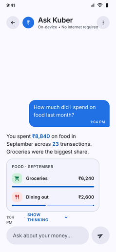 Ask Kuber screenshot: Ask Kuber answering how much was spent on food last month, with a category breakdown