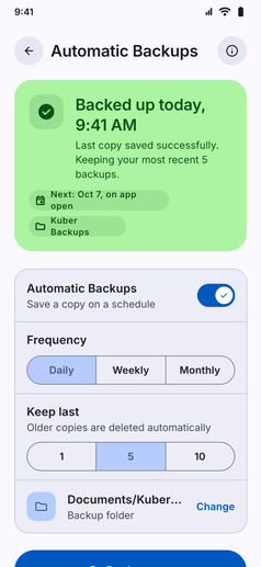 Automatic Backups screenshot: Automatic Backups settings: status, frequency, folder and how many backups to keep