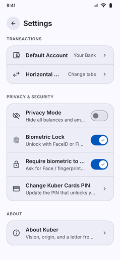 Biometric Lock screenshot: Privacy and security settings with Biometric Lock switched on