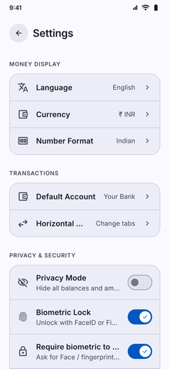 Currency Support screenshot: Settings with the currency and number format rows