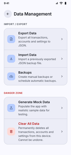 Import and Export screenshot: Data Management with export, import and backup options