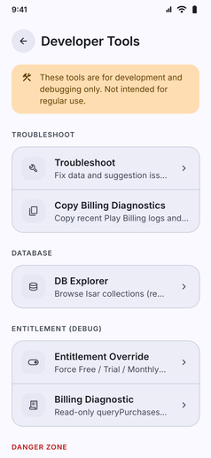 Developer Mode screenshot: Dev Tools screen with diagnostics and sample data tools
