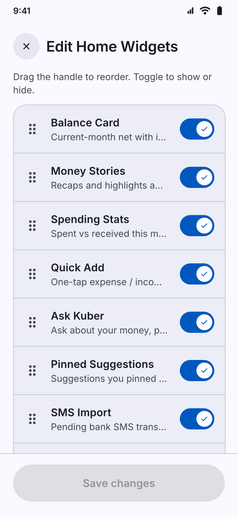 In-App Widgets screenshot: Edit Home Widgets: drag to reorder and switch widgets on or off