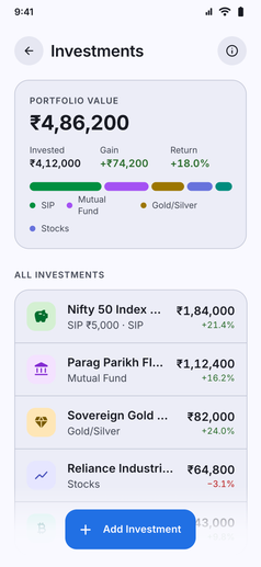 Investments screenshot: Investments portfolio with invested amount, current value and gain