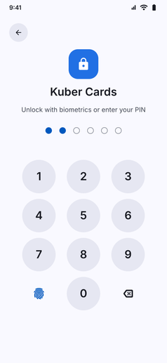 Kuber Cards screenshot: Kuber Cards unlock screen with a PIN pad and fingerprint key