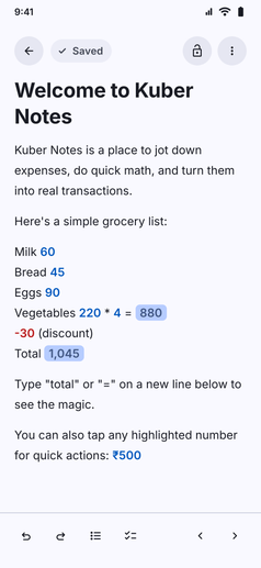 Kuber Notes screenshot: Kuber Notes adding up a grocery list, with the total worked out inline