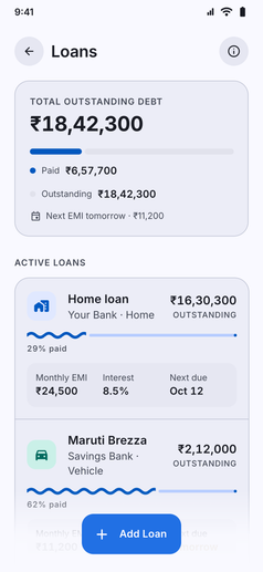 Loans screenshot: Loans with EMI progress and outstanding balance