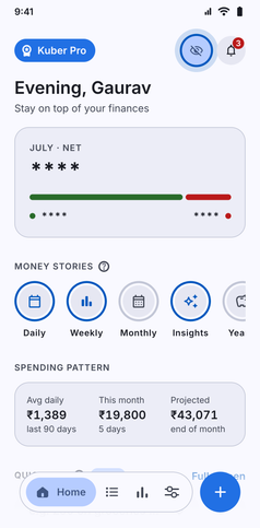 Privacy Mode screenshot: Home with privacy mode on and every amount hidden