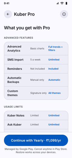 Kuber Pro screenshot: Kuber Pro screen listing what Pro includes