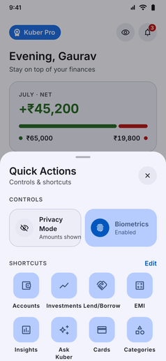 Shortcuts screenshot: Quick Actions sheet over Home with controls and shortcuts