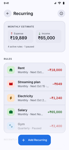 Recurring Transactions screenshot: Recurring transactions such as salary, rent and subscriptions