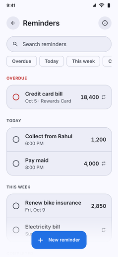 Reminders screenshot: Reminders list with Overdue, Today, This week and Completed filters