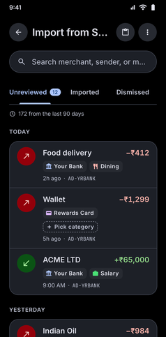 SMS Import screenshot: Import from SMS listing detected bank transactions to review