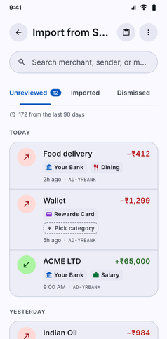 SMS Import screenshot: Import from SMS listing detected bank transactions to review