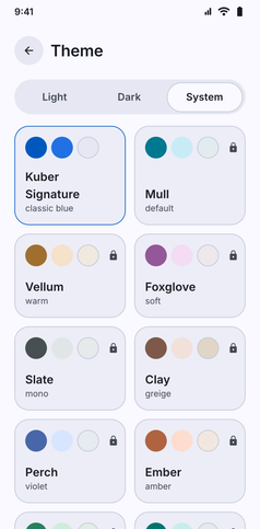 Themes screenshot: Theme screen with Light, Dark and System, and the accent family cards