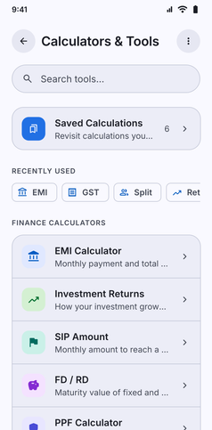 Tools & Calculators screenshot: Calculators and Tools hub with saved calculations at the top