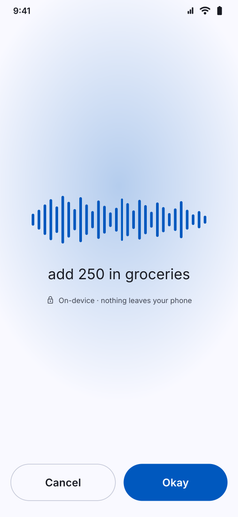 Voice Quick Add screenshot: Voice Quick Add listening, with the spoken words shown as text