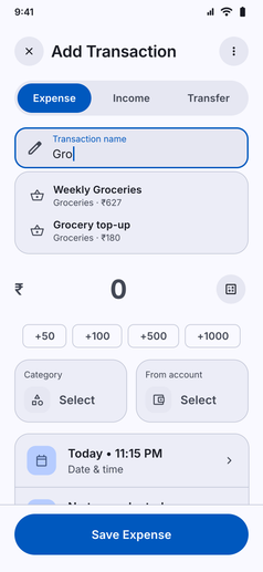 Expense Tracking screenshot: Add Transaction with an autofill suggestion while typing