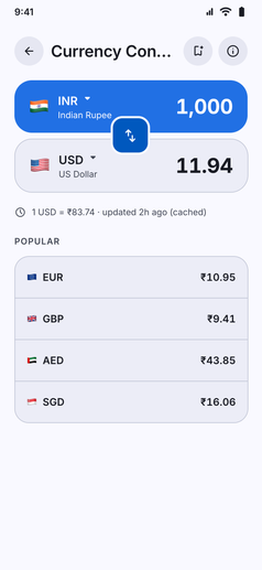 Currency Support screenshot: Currency Converter converting between two currencies