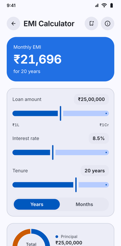 Tools & Calculators screenshot: EMI Calculator with loan amount, rate and tenure, and the monthly EMI result