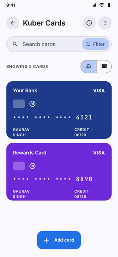 Kuber Cards screenshot: Kuber Cards list with two cards, numbers masked to the last 4 digits