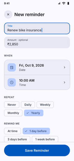 Reminders screenshot: New reminder form with amount, date, time and repeat options
