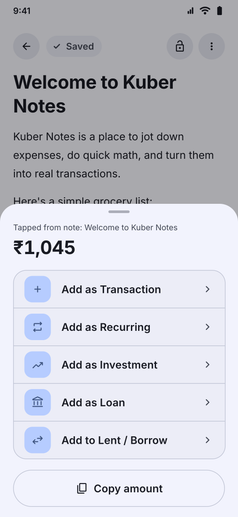 Kuber Notes screenshot: Tapping a number in Kuber Notes to add it as a transaction, loan or more