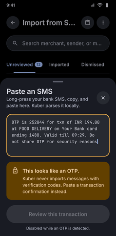 SMS Import screenshot: Paste an SMS sheet that detects an OTP message and skips it