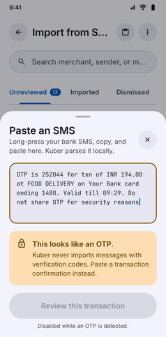 SMS Import screenshot: Paste an SMS sheet that detects an OTP message and skips it