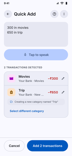 Quick Add screenshot: Quick Add detecting two transactions, Movies and a new Trip category