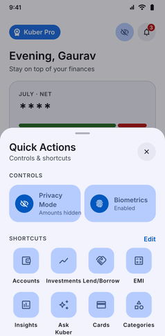 Privacy Mode screenshot: Quick Actions sheet with the Privacy Mode tile switched on
