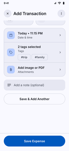 Expense Tracking screenshot: Add Transaction scrolled to date and time, tags, attachments and notes