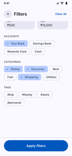 Powerful Filtering screenshot: History filters scrolled to categories, with three selected