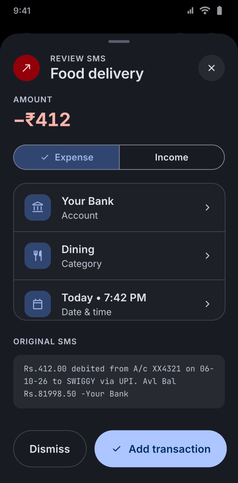 SMS Import screenshot: Review SMS sheet with the parsed amount, account, category and date