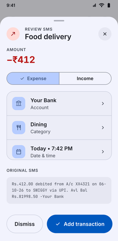 SMS Import screenshot: Review SMS sheet with the parsed amount, account, category and date