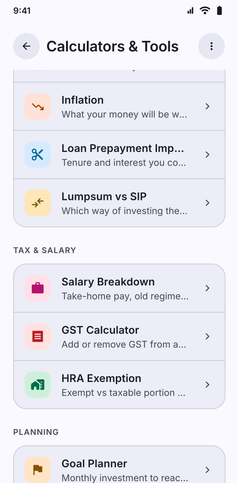 Tools & Calculators screenshot: Calculators and Tools hub scrolled to the full catalogue of calculators