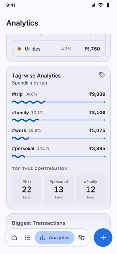 Detailed Analytics screenshot: Analytics showing tag-wise spending and the biggest transactions