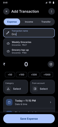 Kuber Add transaction screen