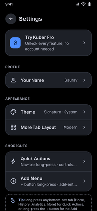 Kuber Settings screen