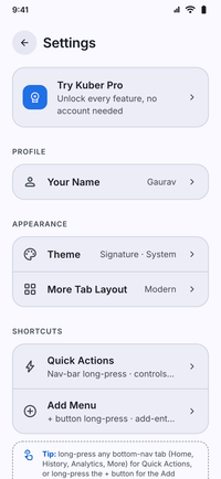 Kuber Settings screen