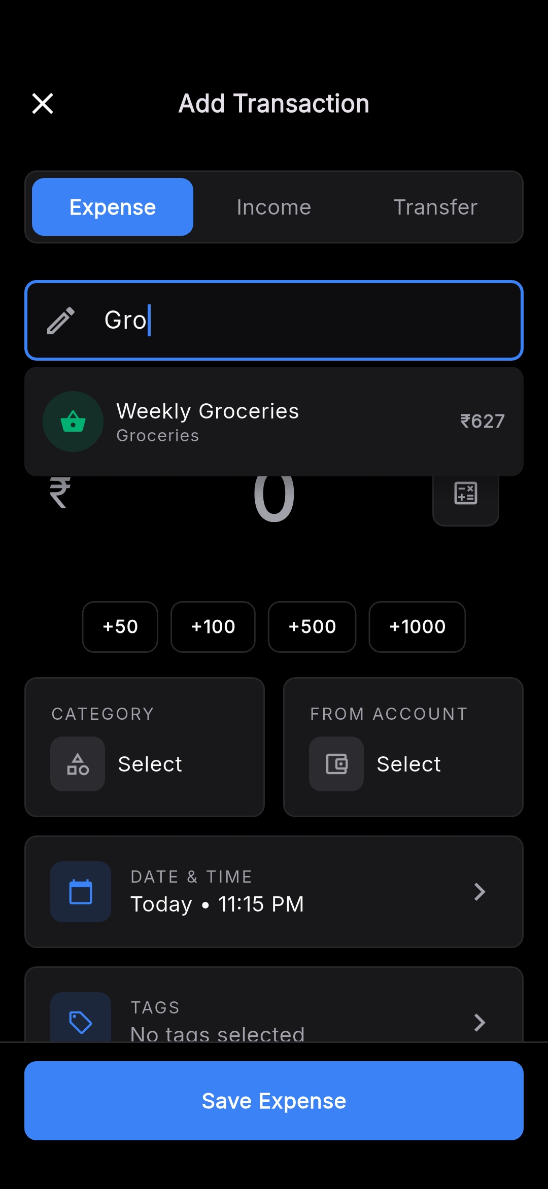 Kuber Add transaction screen