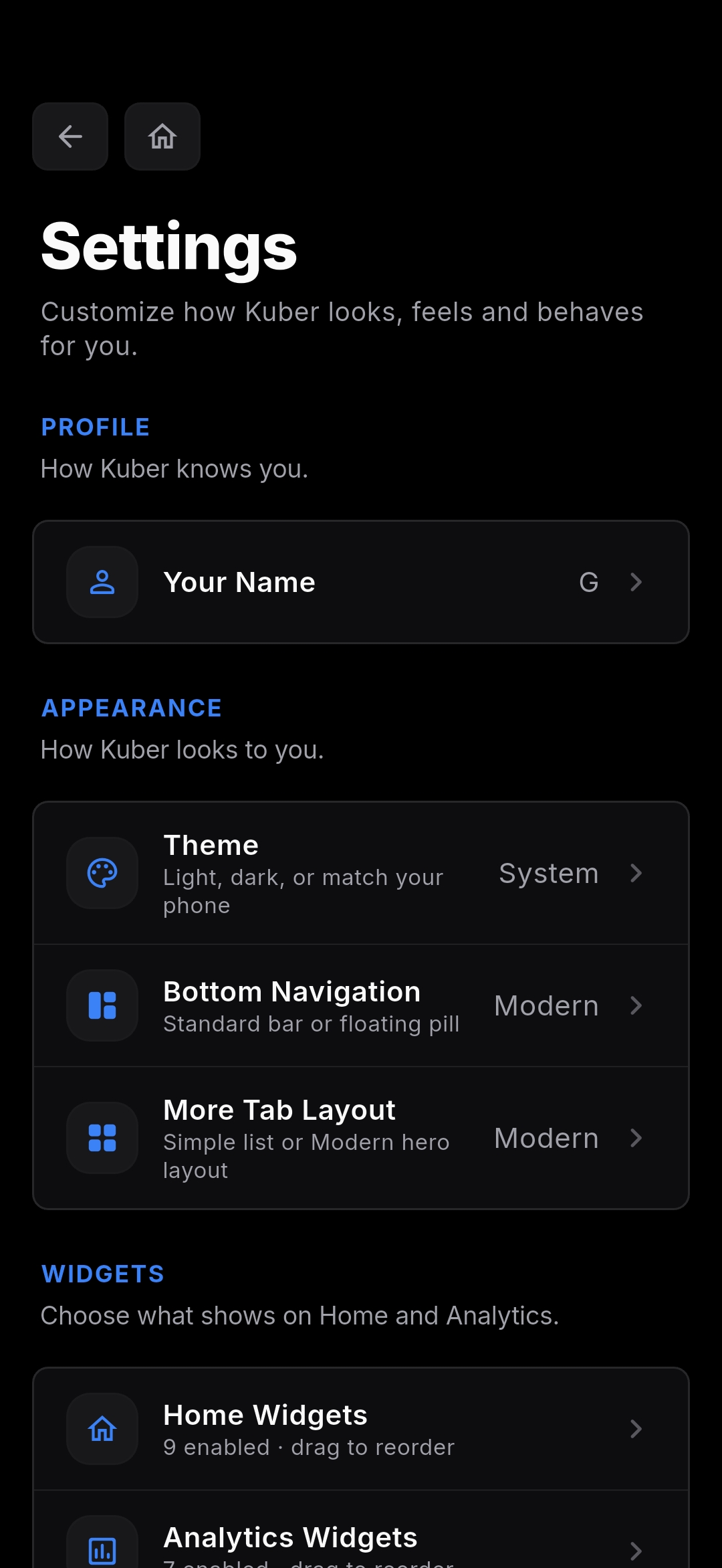 Kuber Settings screen